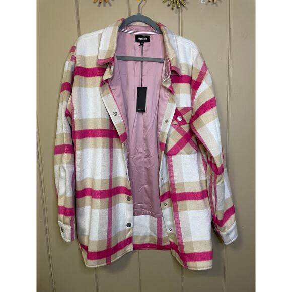 Monrow Plaid Flannel Shacket Jacket Size XL Fuchsia, Natural, Cream - Picture 1 of 5